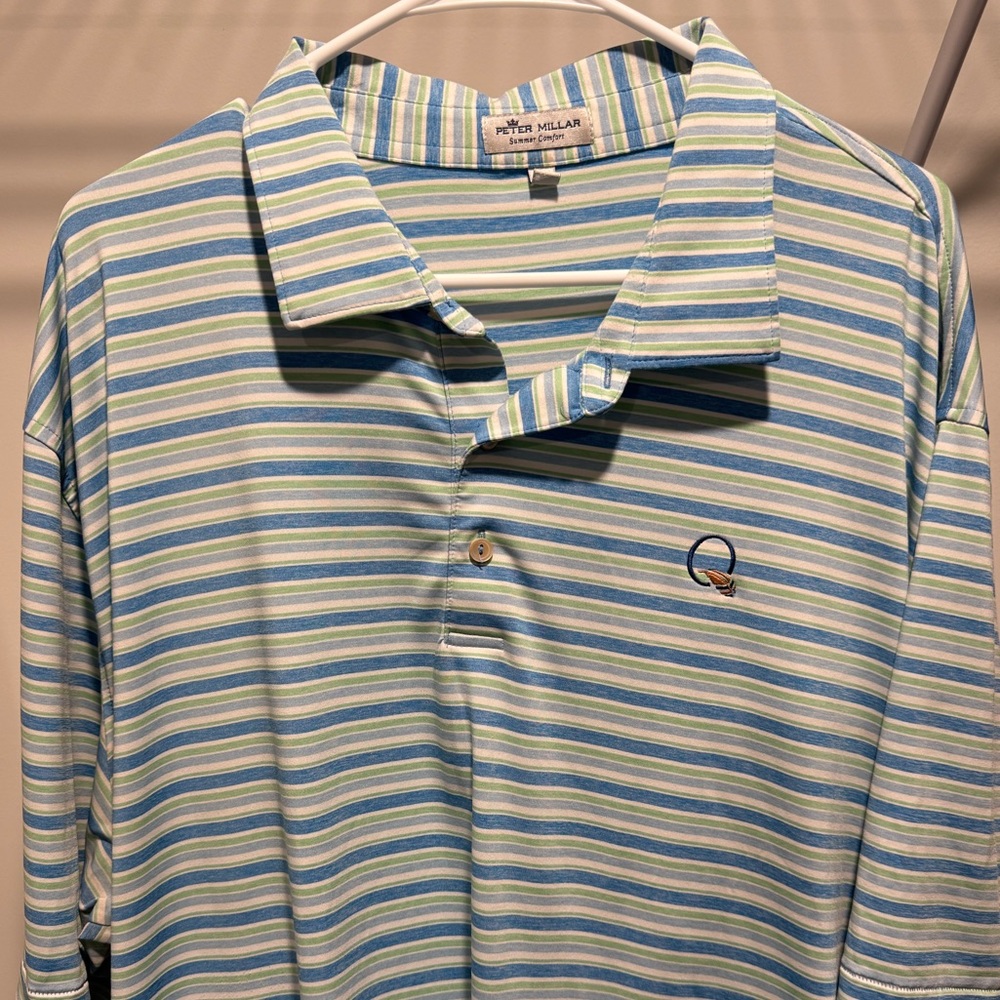 Peter Millar Light Blue and Green Striped Polo